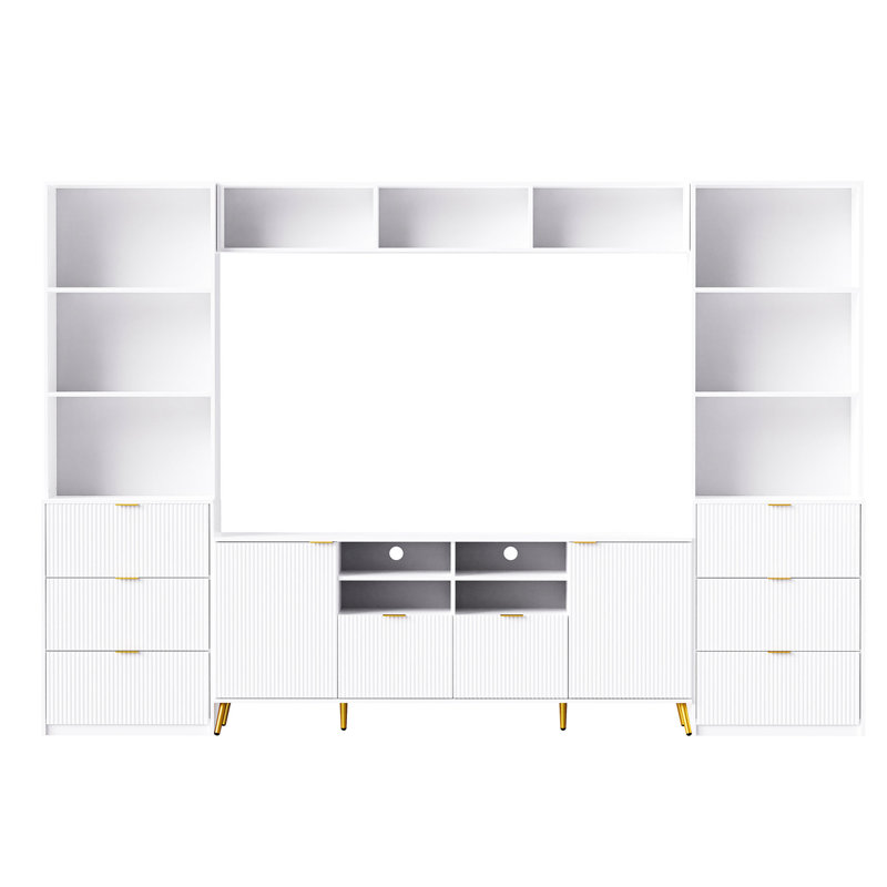 Meuble télé multifonctionnel avec 8 tiroirs et 2 armoires. Meuble audio-vidéo à 13 tablettes. Surface cannelée pour le salon. Peut contenir jusqu'à 70 tiroirs, armoires, tablettes, surface, blanc