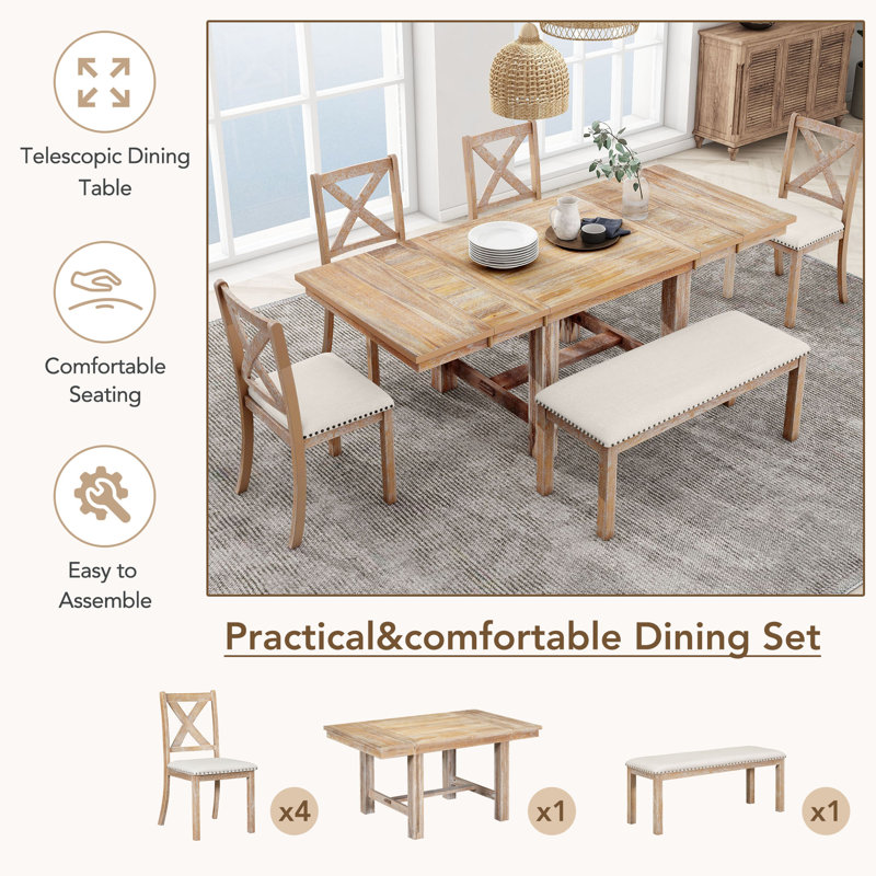 Farmhouse 6-Piece Extendable Dining Table Set – 82" Table with 2 Removable Leaves, Upholstered Chairs & Bench, Natural+Beige Cushion
