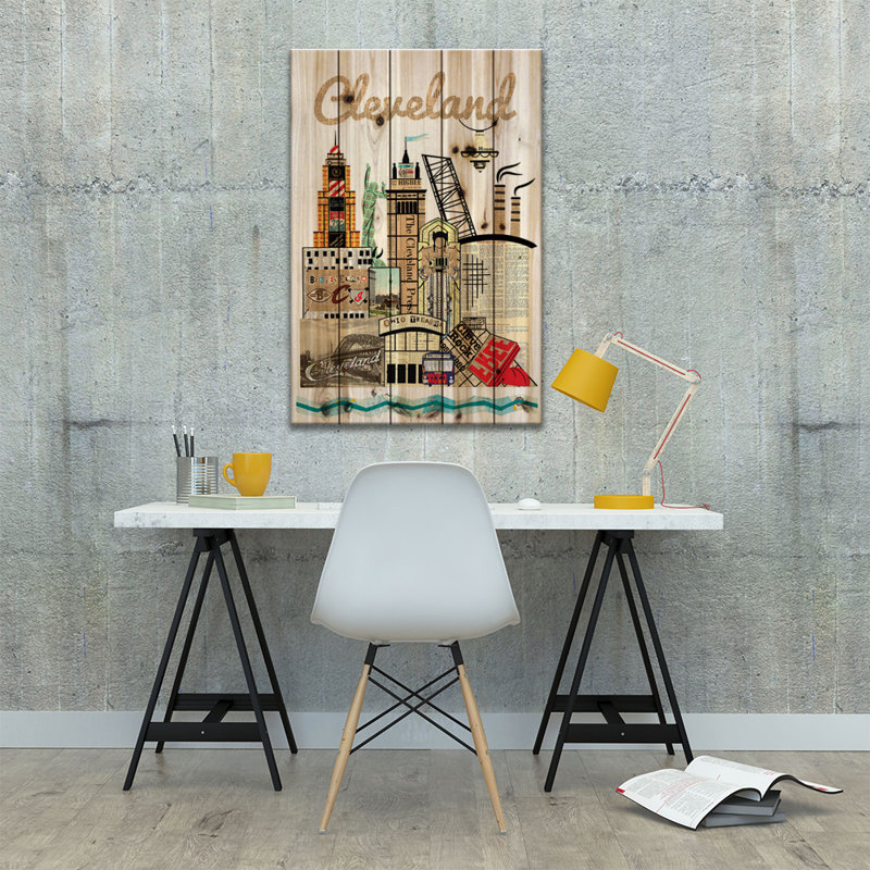 «Cleveland Skyline» par Paper Cutz, impression sur bois sans cadre, L 18 po x H 26 po