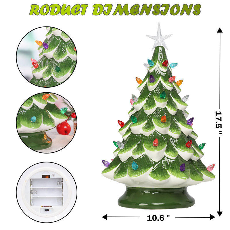 Arbre de Noël en céramique - Décoration d'arbre de Noël de table de 14,5 po avec lumières multicolores et cime d'arbre étoilé à piles (pile non incluse)