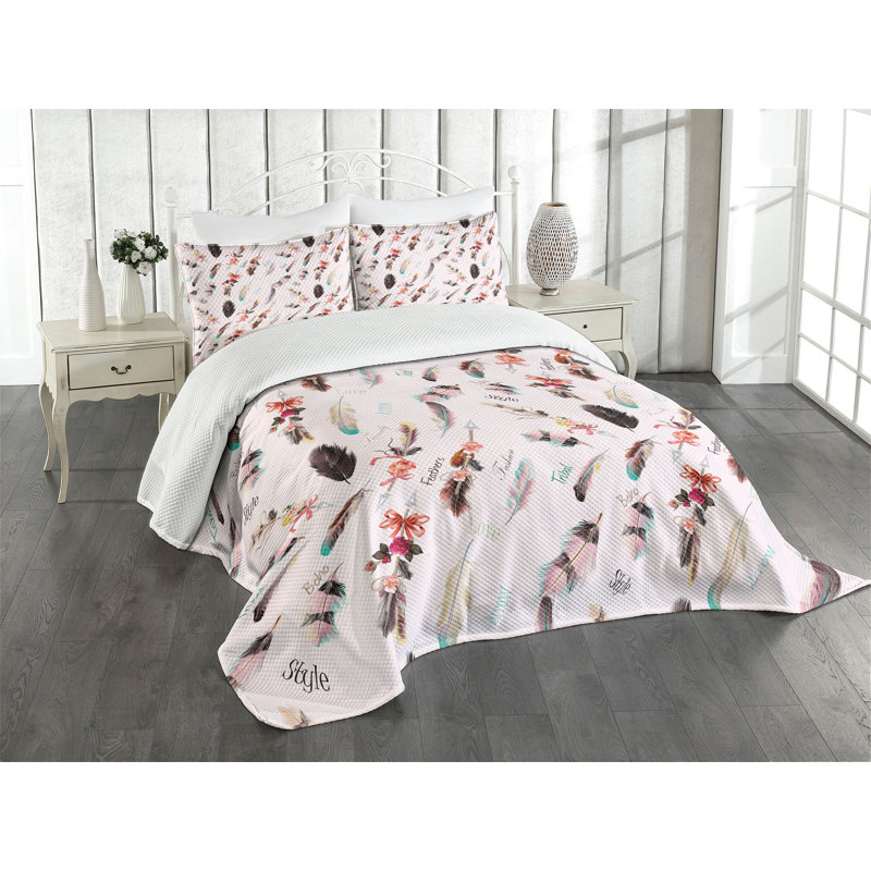 Ambesonne Boho Bedspread Set Fashion Feathers Multicolor, King Coverlet/Bedspread + 2 Standard Shams