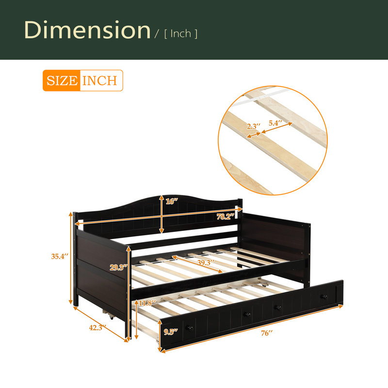 Lit de jour simple en bois avec lit gigogne, canapé-lit pour le salon de la chambre à coucher, Espresso