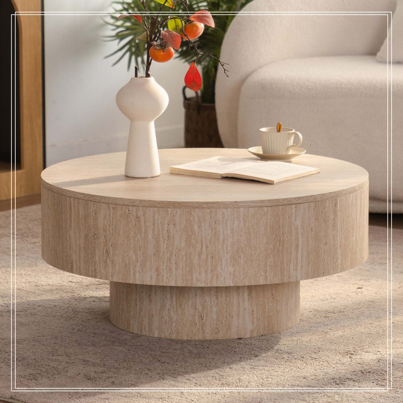 Table basse ronde avec rangement en panneau de fibres à densité moyenne beige Travertine, table de cocktail dissimulée amovible à tambour, table d'appoint à piédestal Wabi-Sabi pour salon, facile à assembler