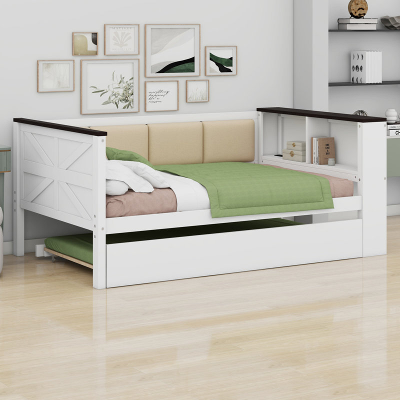 Wood Daybed With Storage Shelves, Upholstered Backrest,USB And Trundle, Twin