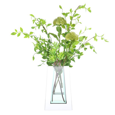 Nandina Leaf and Sedum Arranged in a Glass Mirror Vase