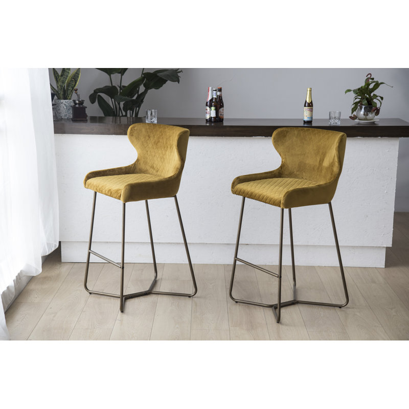 Falls Upholstered and Velvet Bar Stool, Mustard