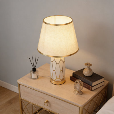 Evadne White/Gold Ceramic Geometric Table Lamp, 3-color Bulb Included