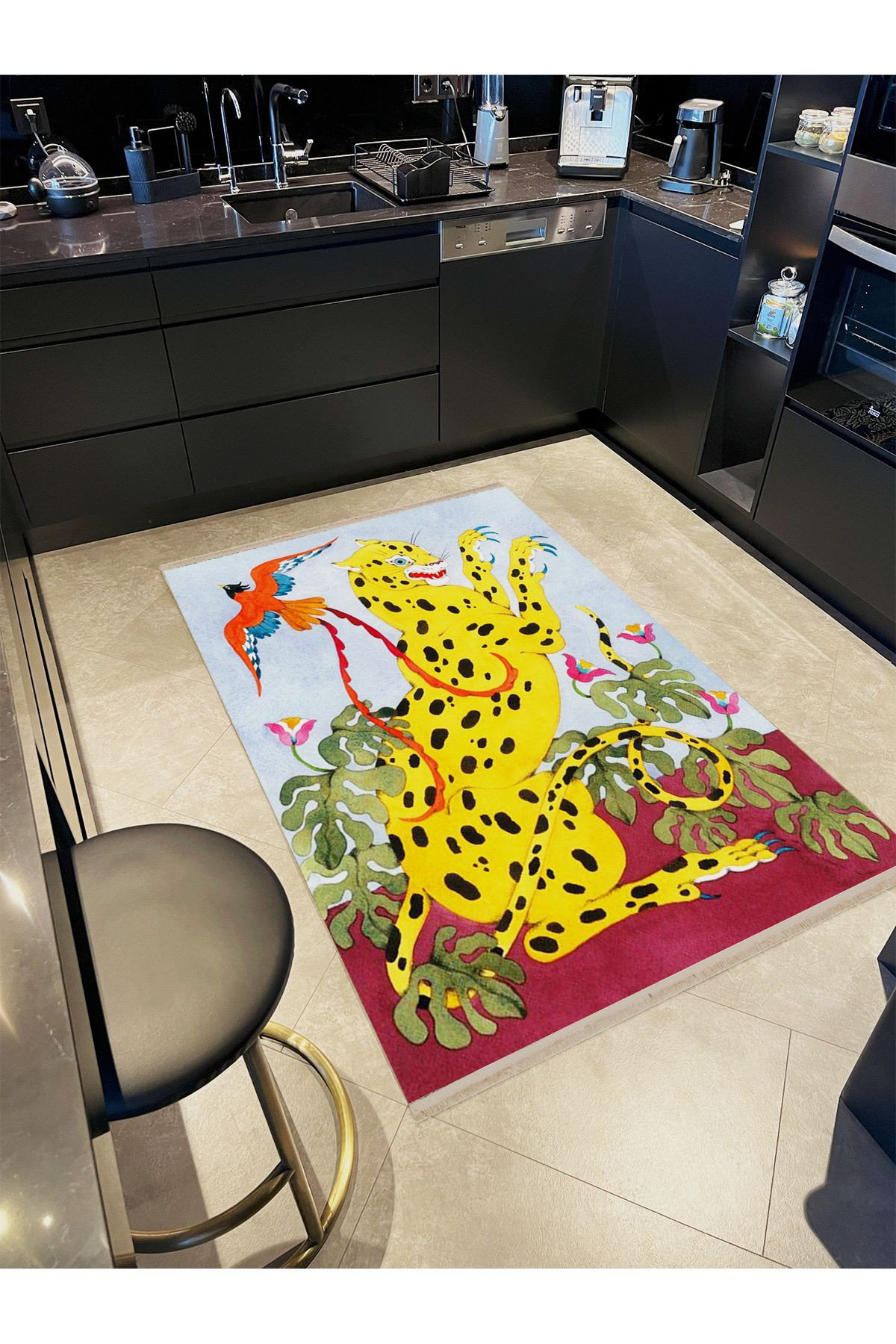Vasa Parrot Rug Hokku Designs Botanical Themed Speckled Yellow Leopard and Parrot ...