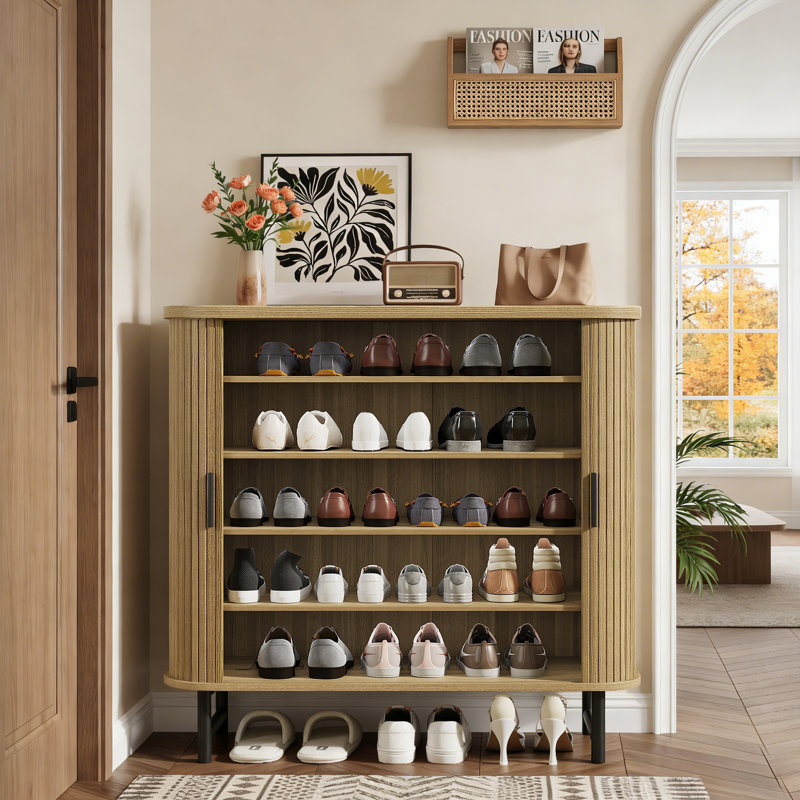 Shoe Storage Cabinet With Smooth Fluted Sliding Doors, Yellow