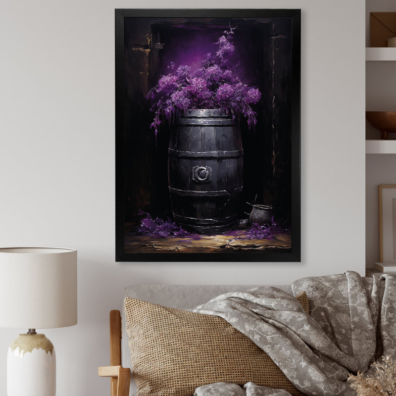 Fleurs mauves en bois tonneau de vin - art mural vin, Cadre simple noir, H 32 po x l 16 po x P 1 po
