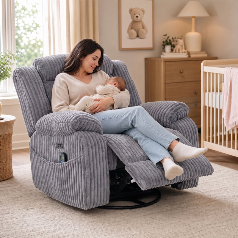 Fauteuil de massage chauffant en velours côtelé extra large 42 po, inclinable électrique avec pivotement à 270 °, Gray