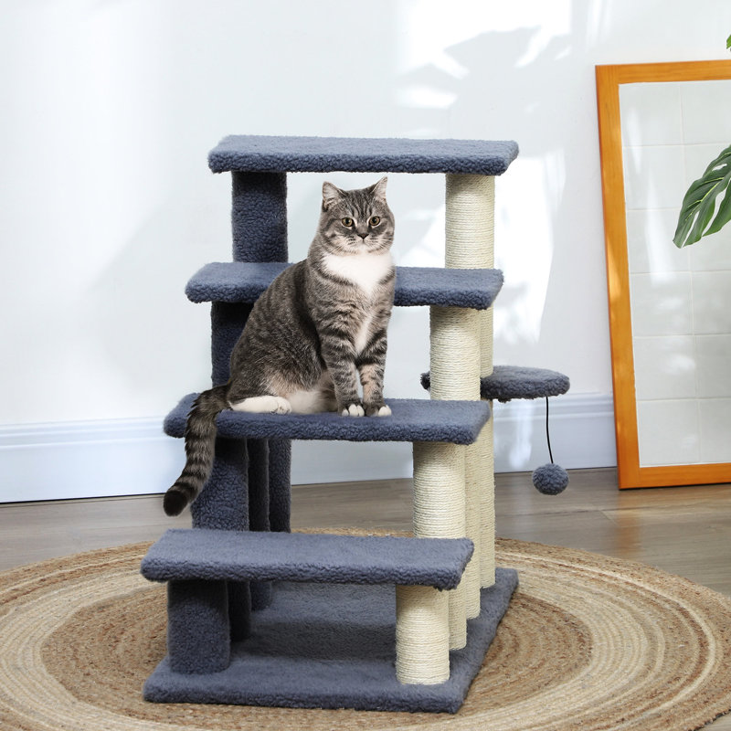 Escalier pour chat, 4 niveaux avec poteaux à griffer et jeu suspendu, marche latérale pour chats jusqu'à 10 livres, poteaux à marches grises et admirateurs