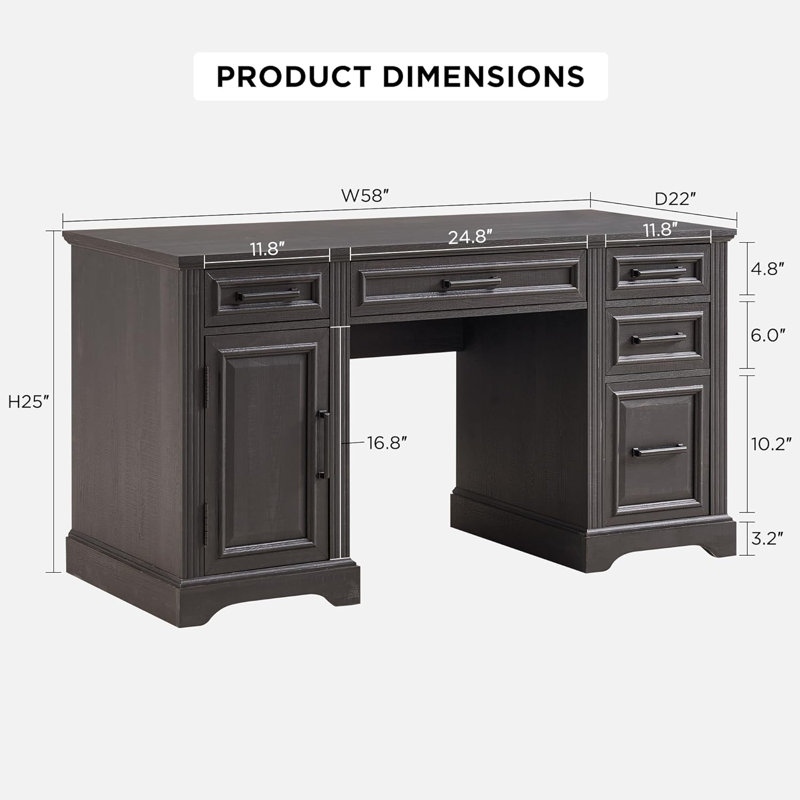 Ohana 58'' W Rectangle Computer Desk with Storage Cabinet and Drawers, Workstation for Office Home, Black
