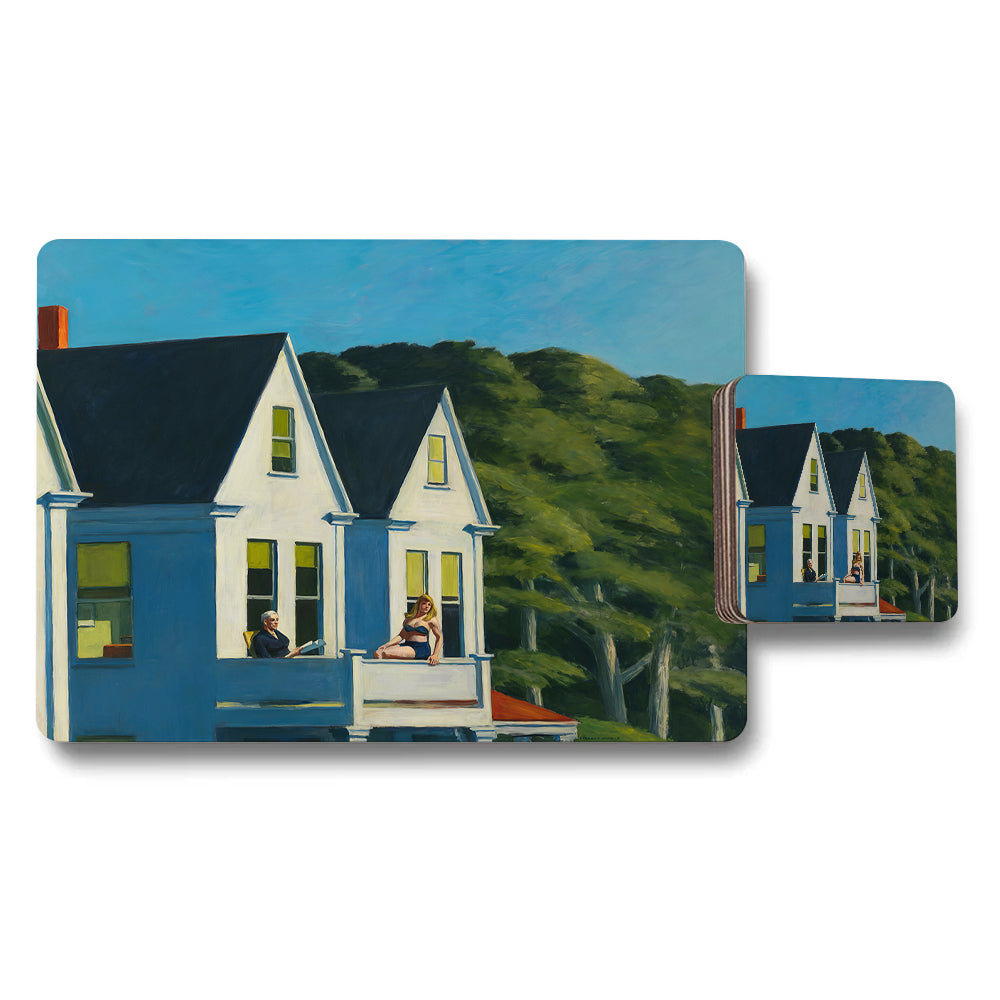 Placemat and Coaster Set With Blue House Landscape Artwork