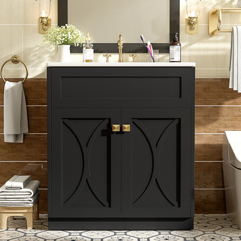Ensemble de meuble-lavabo autoportant moderne avec lavabo en céramique, Noir