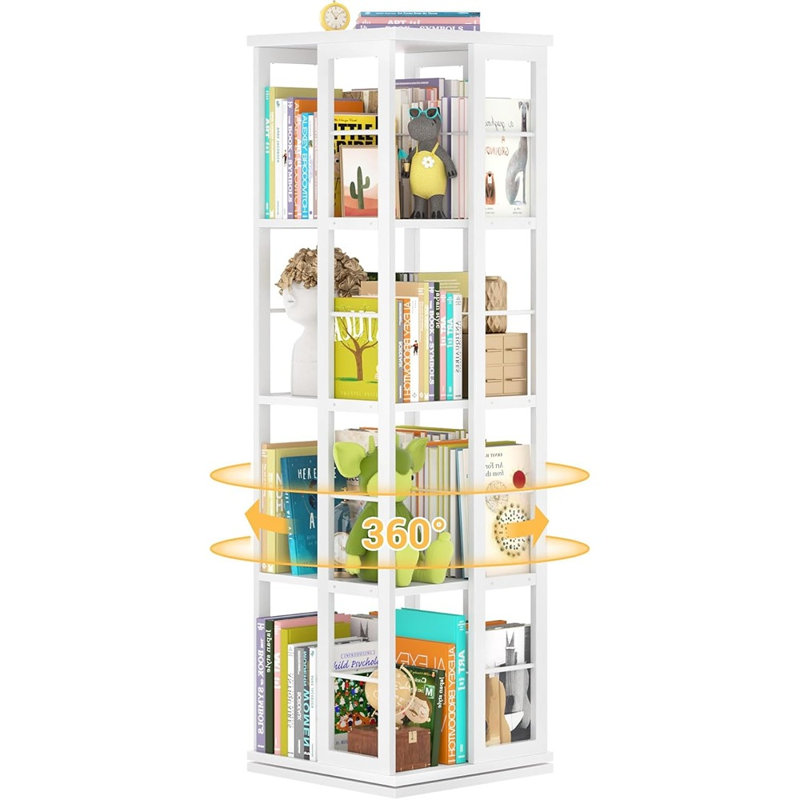 Bibliothèque de coin pivotante blanche à 4 niveaux - Tablette étroite en bois avec rotation à 360 ° pour la salle d'étude et l'organisation de petits espaces