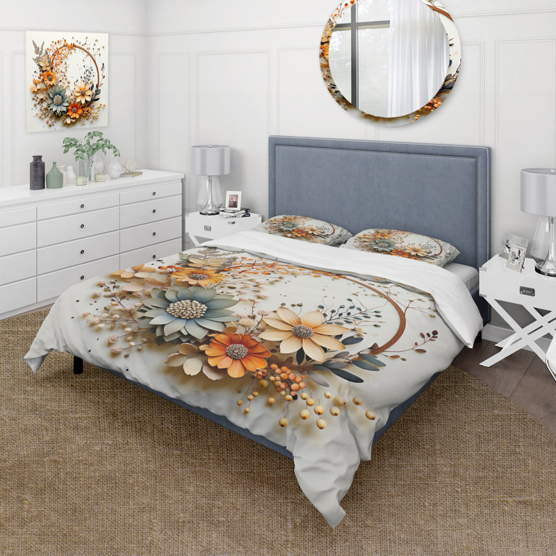 Couronne de fleurs beige et orange I - Ensemble de housse de couette floral - Polyester microfibre