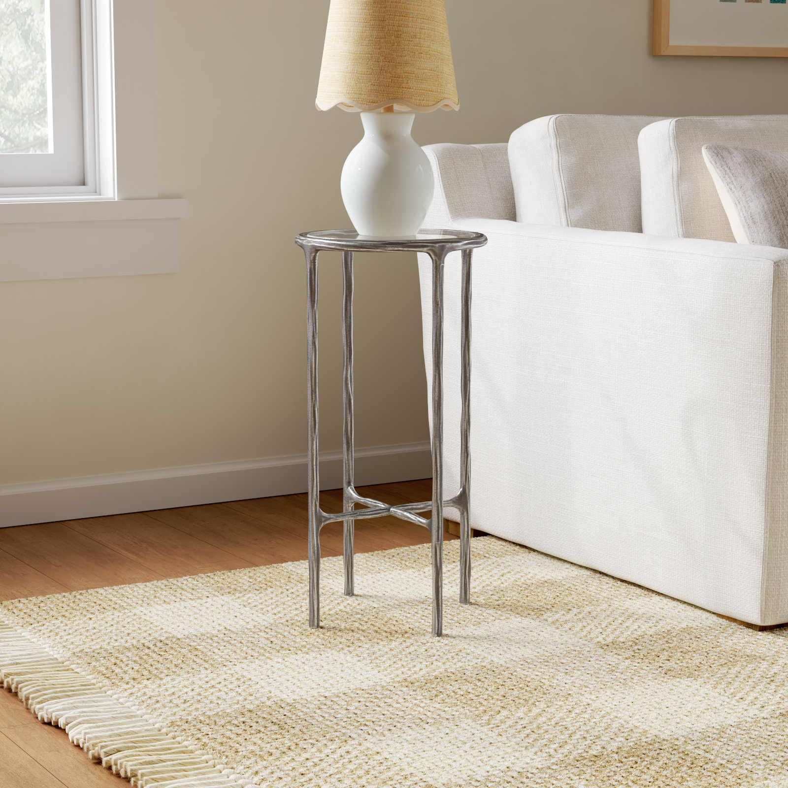 Evelynn Glass Cross Legs End Table, Silver