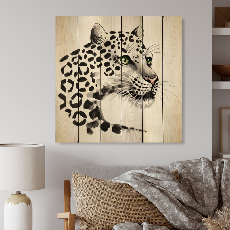 Tête de léopard - impression traditionnelle sur bois, H 30 po x l 30 po x P 1 po
