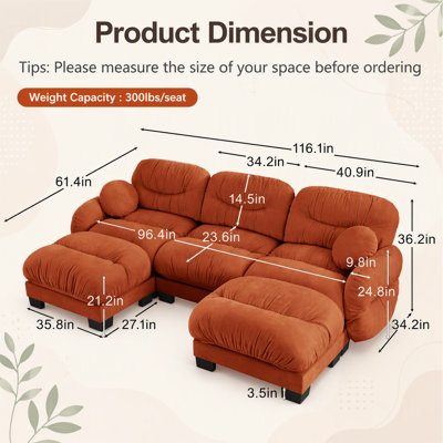 Canapé modulaire en U plissé en chenille 4 places avec mousse ergonomique, accoudoirs courbés, deux repose-pieds et coussins décoratifs ronds.