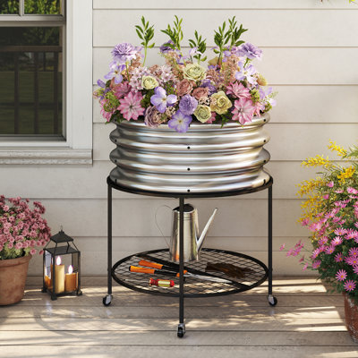 Jardinière ronde surélevée en métal avec roulettes et tablette de rangement