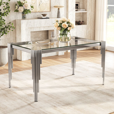 Modern Rectangular Glass Dining Table, 65" Tempered Glass Top, Polished Stainless Steel Round Tube Base