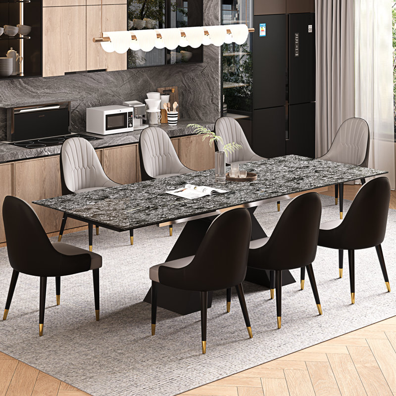 Ensemble de salle à manger à rallonge en pierre frittée avec 8 chaises en cuir 110,23 "Tanjala, Noir