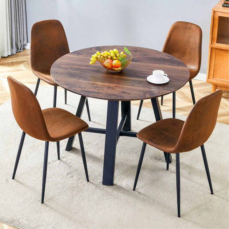 Ensemble de table et de chaises, table de salle à manger ronde minimaliste moderne de 42 pouces de diamètre, dotée de 4 chaises en tissu brun avec pieds en métal noir. Convient pour la cuisine, la salle à manger, etc.