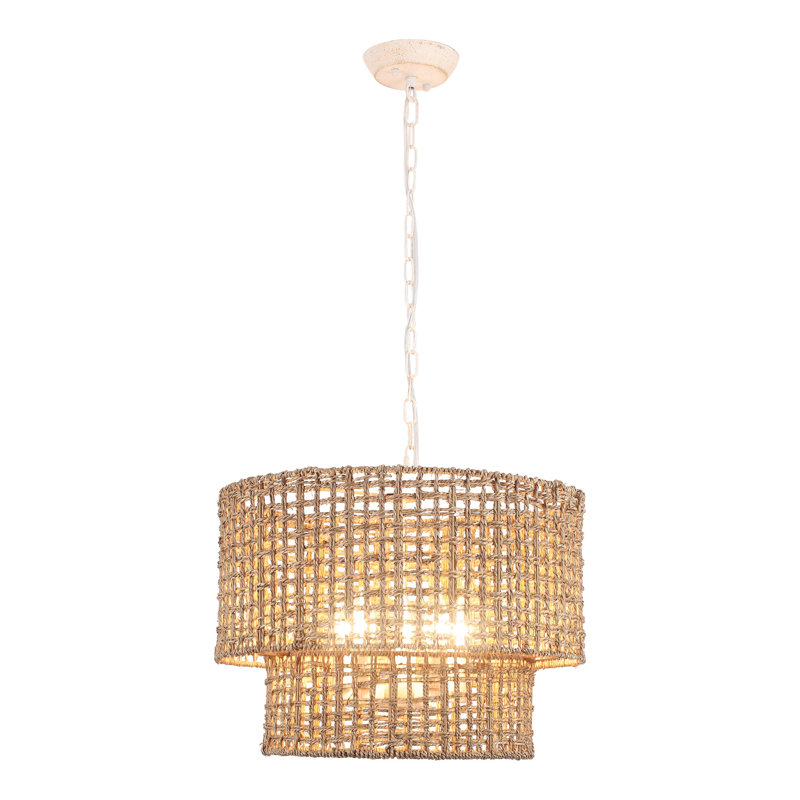 Lustre cylindrique bohémien à 5 lumières avec hauteur réglable et intensité variable, Blanc patiné, 5