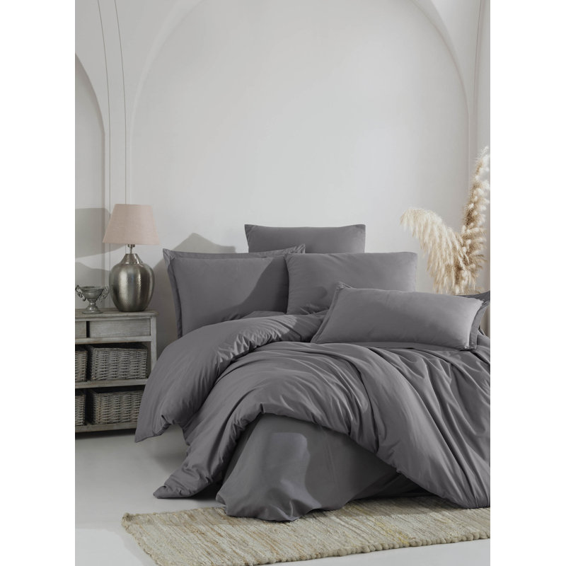 Ranforce 100% Cotton Gray Duvet Cover Set, 3 Pieces Luxury Soft Bedding Set With Closure. Solid Color Pattern Duvet Cover