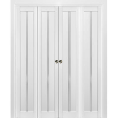 Sliding Closet Double Bi-fold Doors 72" x 84" (4* 18x84) Quadro 4112 White Silk with Frosted Glass Sturdy Tracks Moldings Trims Hardware Set Wood Solid Bedroom Wardrobe Doors