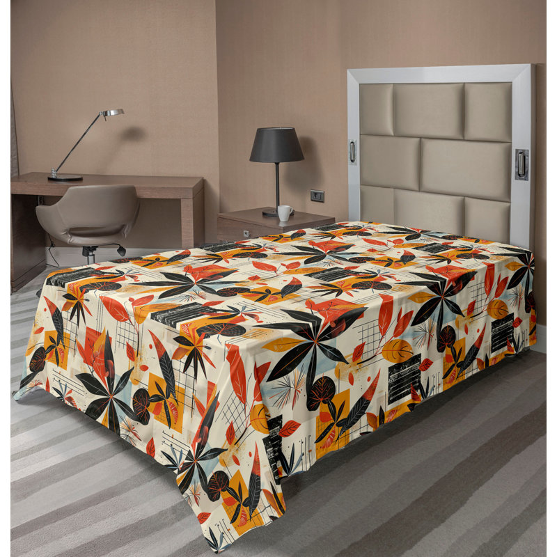 Drap plat moderne de style bohème Ambesonne, Drap plat pour lit simple, Noir / vermillon / motif floral moutarde