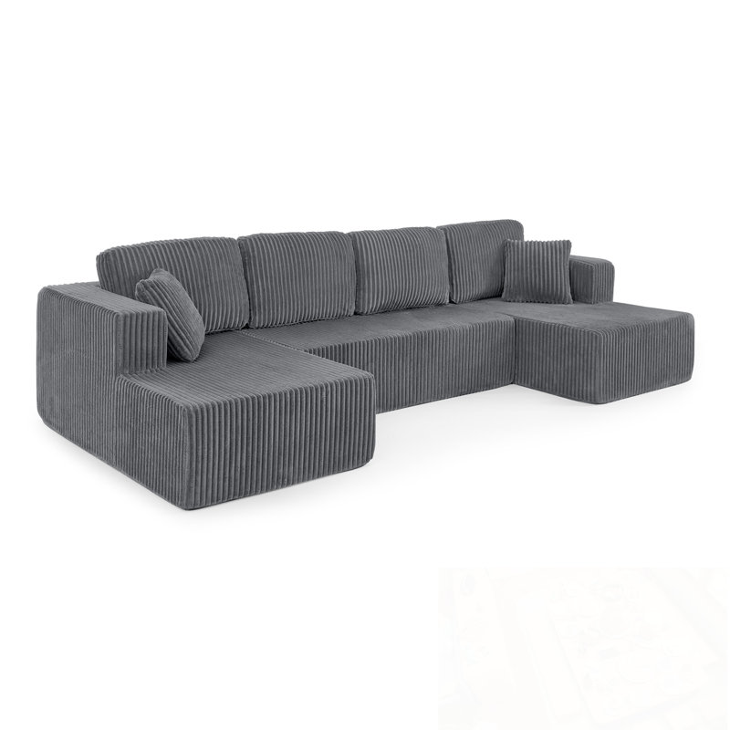 U shape Corduroy Modular Sectional Sofa with soft cushion, Grey