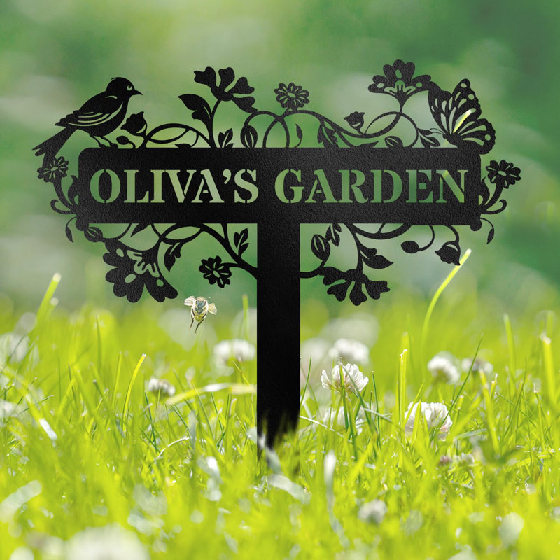 Garden Bird Butterfly On Wild Flowers Custom Metal Name Sign Metal Split Letter Monogram Wall Accent, 20" H x 20" W x 0.05" D