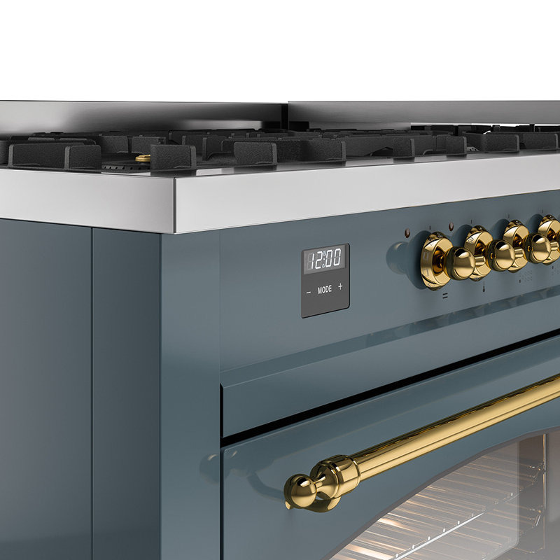 ILVE Nostalgie II Series 60 inch Dual Fuel Range with 9 Sealed Burners, Griddle (Glass Door), Blue/Gray/Brass, Natural Gas
