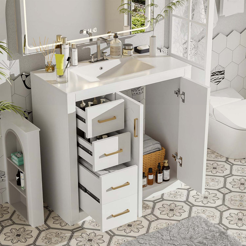 36'' Bathroom Vanity with Ceramic Sink,Wood Frame,Freestanding Storage Cabinet with 3 Drawers and Soft-Closing Doors, White