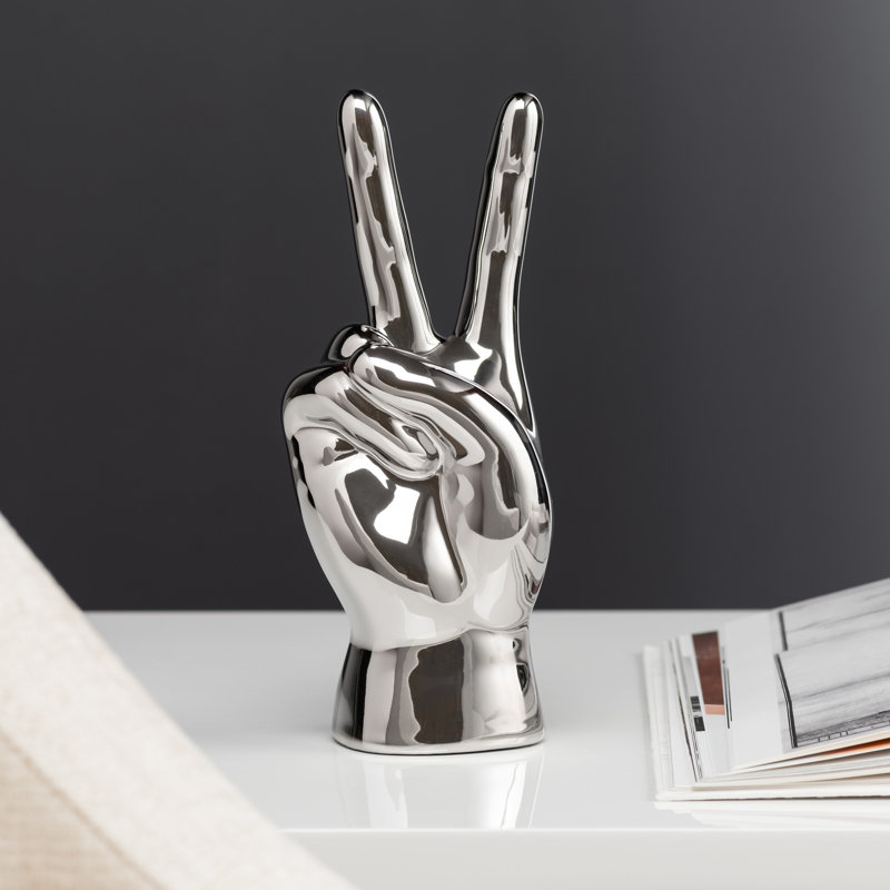 Peace Sign Hand Gesture Statue, 10" H x 4" W x 3.5" D, Silver