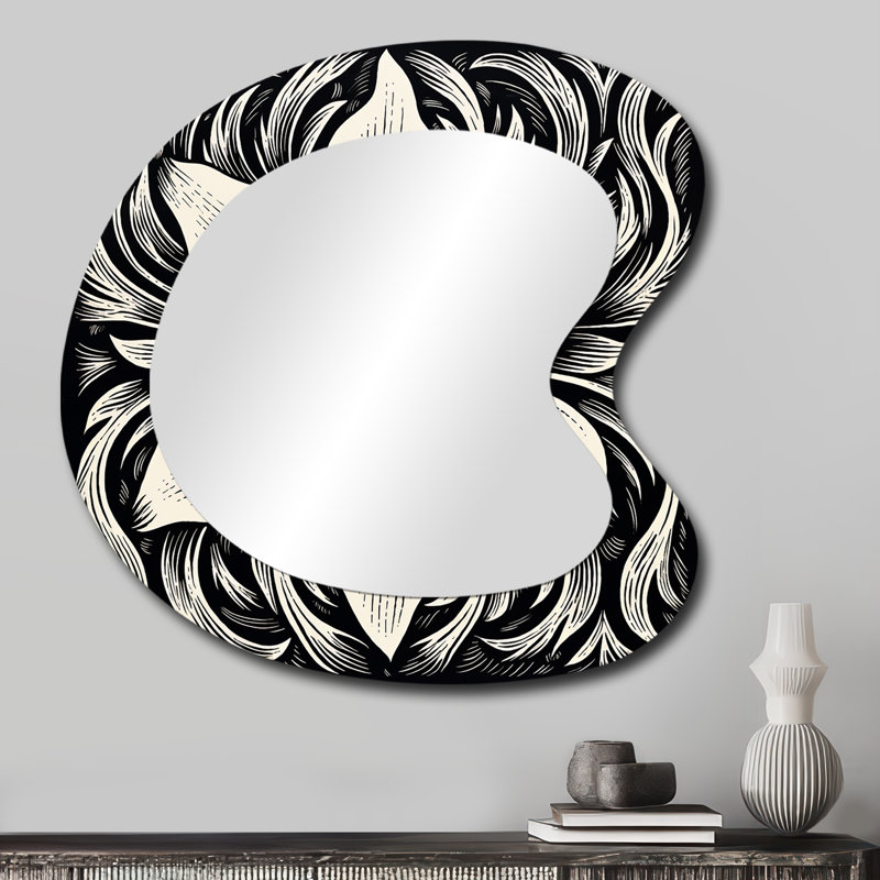 Iris monochrome en noir et blanc - grand miroir de forme unique Iris, miroir mural décoratif asymétrique traditionnel, impression d'art en métal