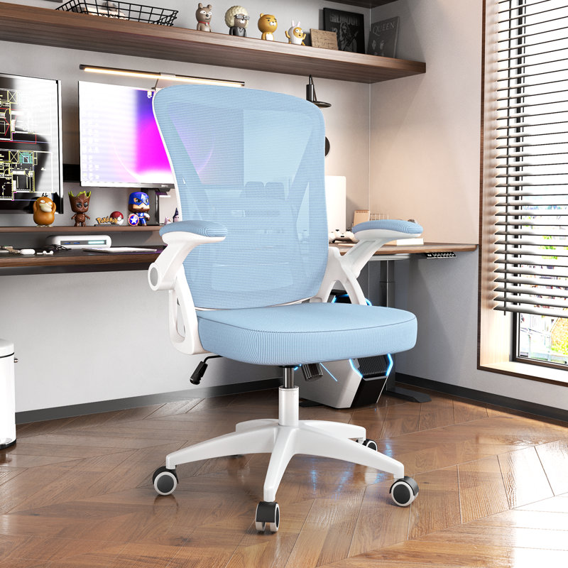 Karnesh Ergonomic Breathable Mesh Office Chair With Flip-Up Armrest, Blue, White, Cotton