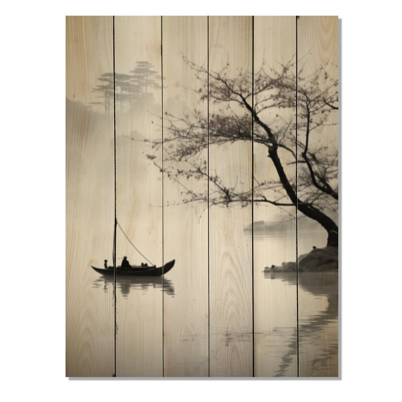 Art asiatique, bateau, impression monochrome sur bois, H 40 po x l 30 po x P 0,78 po