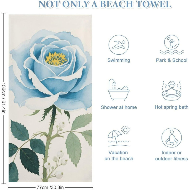 Serviette de plage à séchage rapide en microfibre aquarelle fleur bleue, 60 x 80 po