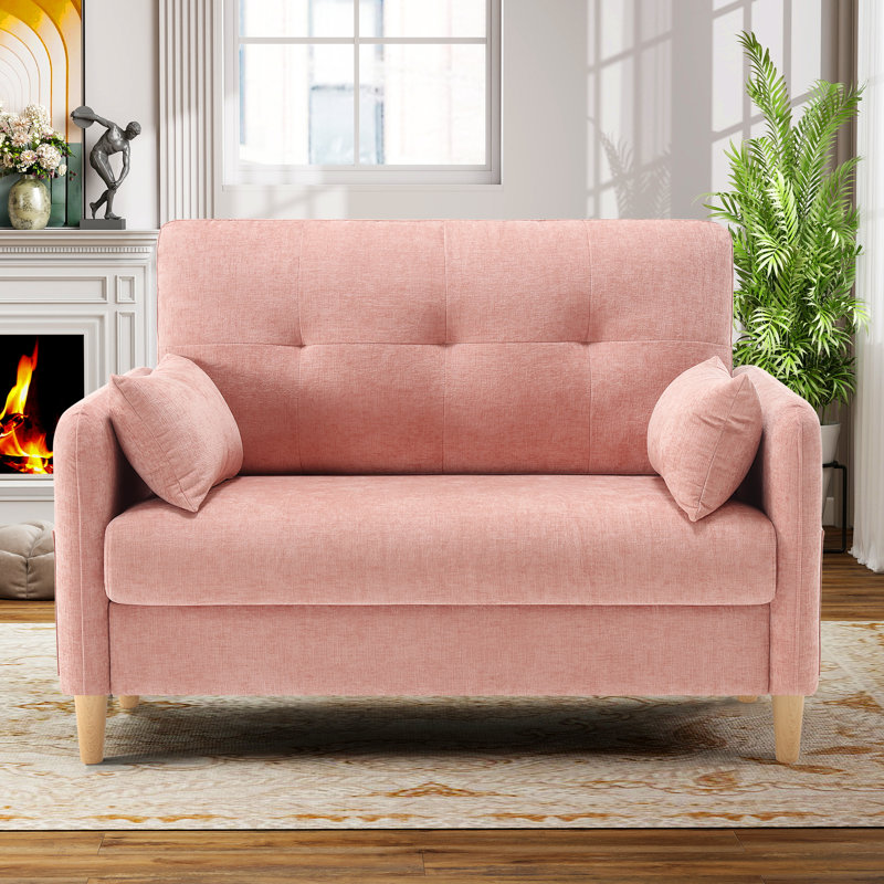 George 47’’ Chenille Tufted Loveseat Sofa With 2 Pillows And Storage Pockets Couches, Pink