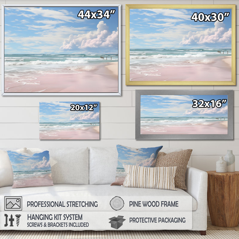 «Pink Minimalisme Beach Landscape III - Coastal Beach», art mural pour le salon, H 34 po x l 44 po x P 1,5 po