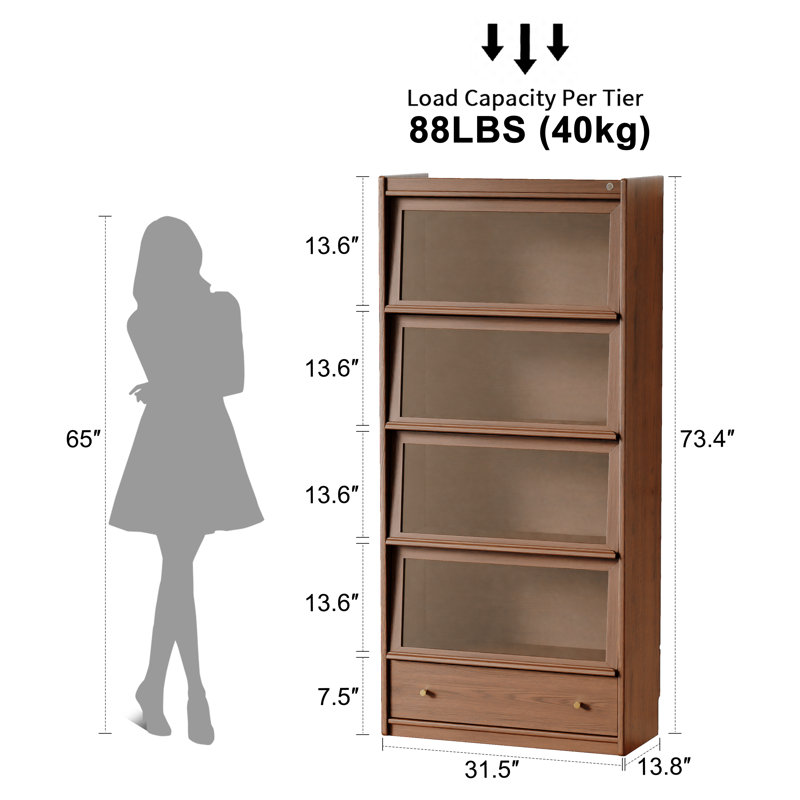 Solid Wood Bookcase with Flip-Up Tempered Glass Doors, 3-Color LED Lights, 4-Tier Shelves and 1 Drawer, Display Cabinet for Living Room, Office, Kitchen Pantry