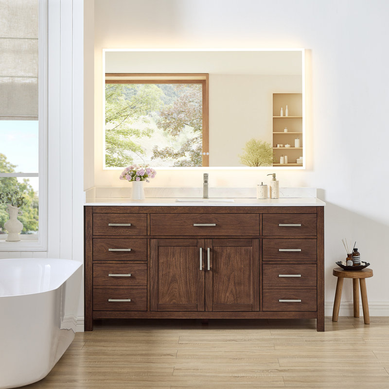 Beckett 66" Freestanding Single Bathroom Vanity with Cultured Marble Top, Whitewashed Oak, Brushed Gold