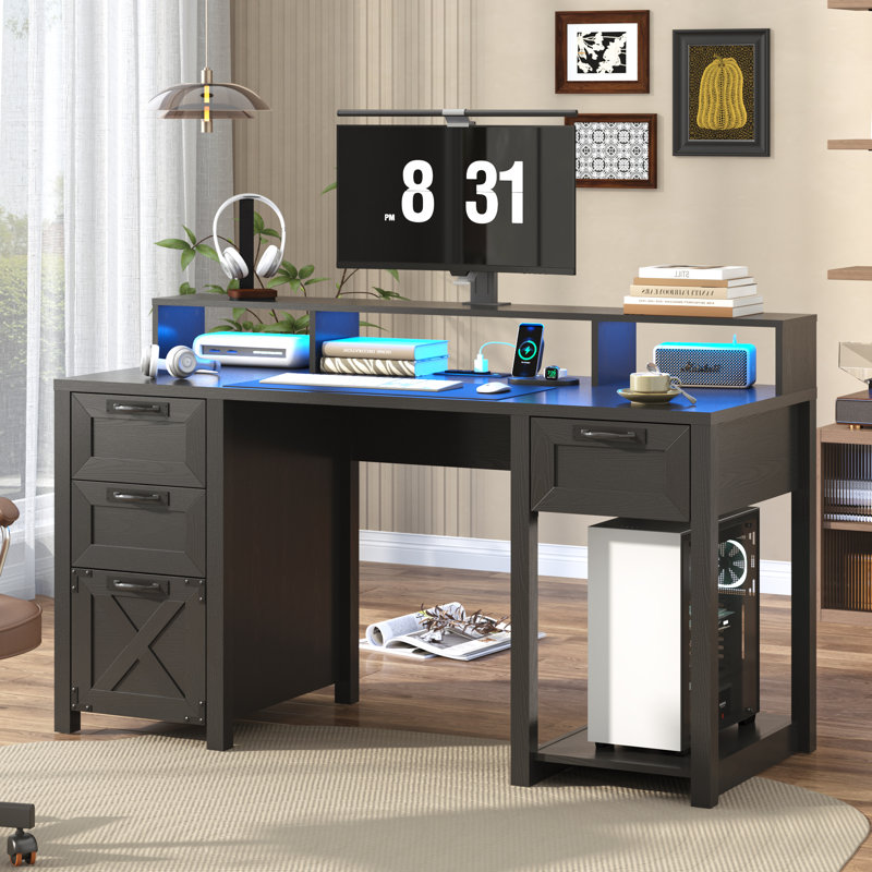 59" Computer Desk With Monitor Shelf, Power Outlet, LED Lights & 4 File Drawers, Farmhouse Wood Home Office Desk, Computer Writing Desk