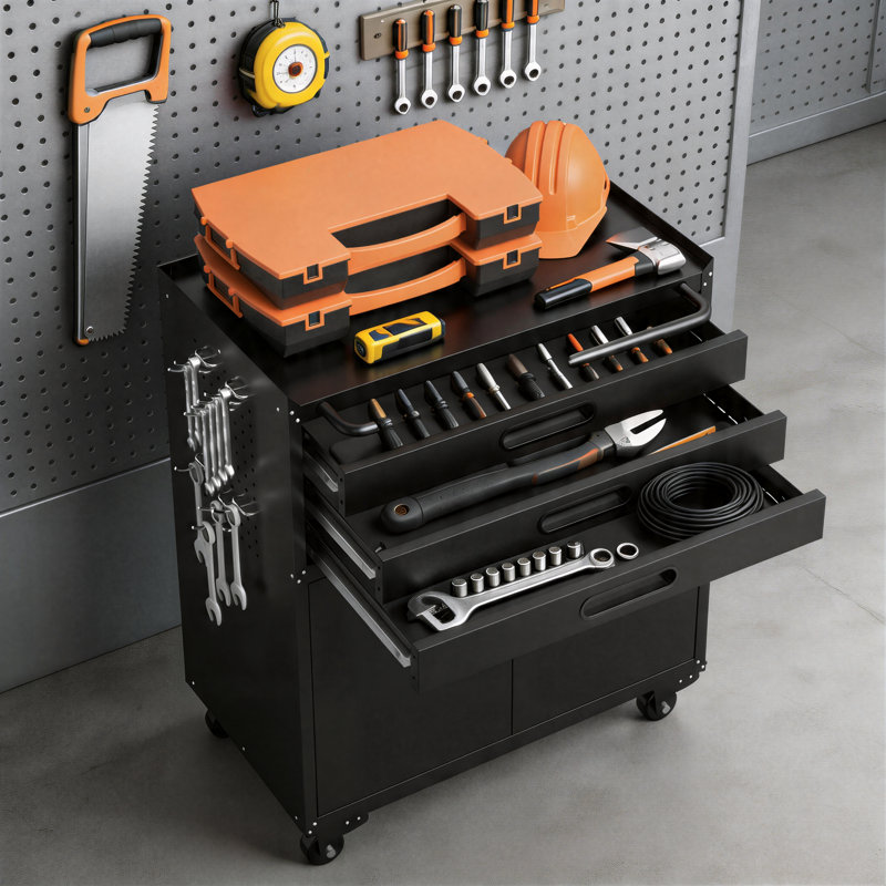 Armoire à outils mobile en métal robuste de 34,7 pouces avec portes verrouillables et trois tiroirs; Établi de rangement pour garage / studio.