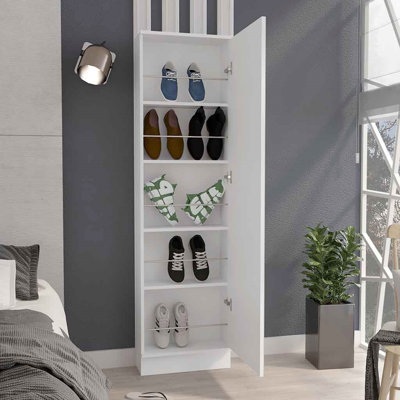 Shoe Rack, Mirror, Five Interior Shelves, Single Door Cabinet
