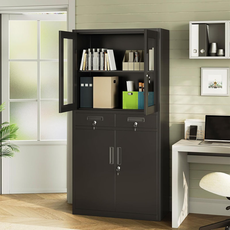 Metal Storage Cabinet with Lock, Locking Storage Cabinet with 2 Drawers and 2 Adjustable Shelves, Lockable Sideboard Cupboard for Home, Office, School, Garage