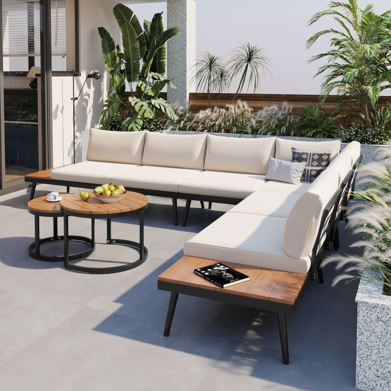 6-Piece Outdoor Sectional Sofa Set With Round Nesting Coffee Tables And Seating Sofa With Cushions For Patio, Porch And Garden